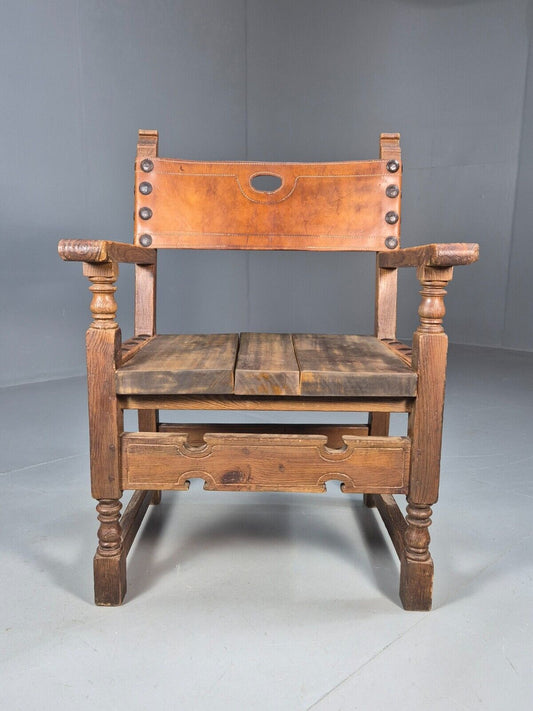 Vintage Lounge Chair Leather Carved Wood Spanish Style Antique EB8175 VCAR - UKDK FURNITURE