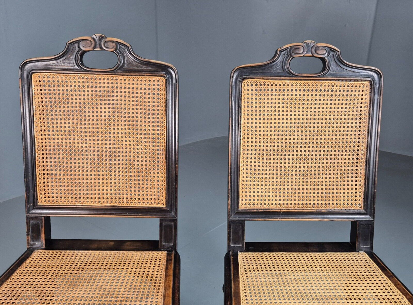 2 Vintage Dining Chairs Bergere Ebonised Aesthetic Movement Antique EB7975 VBER - UKDK FURNITURE