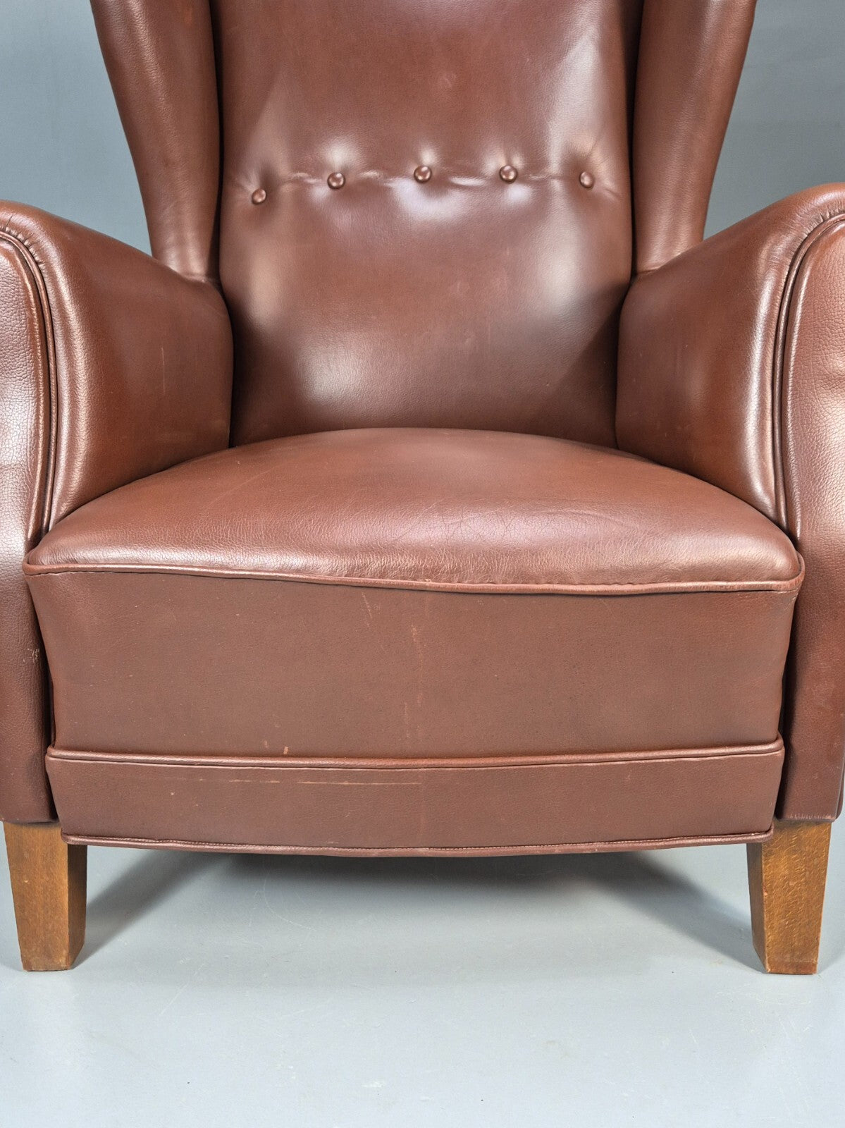 Vintage Danish Wingback Armchair Brown Leather Button Detail EB8782 VLEA - UKDK FURNITURE