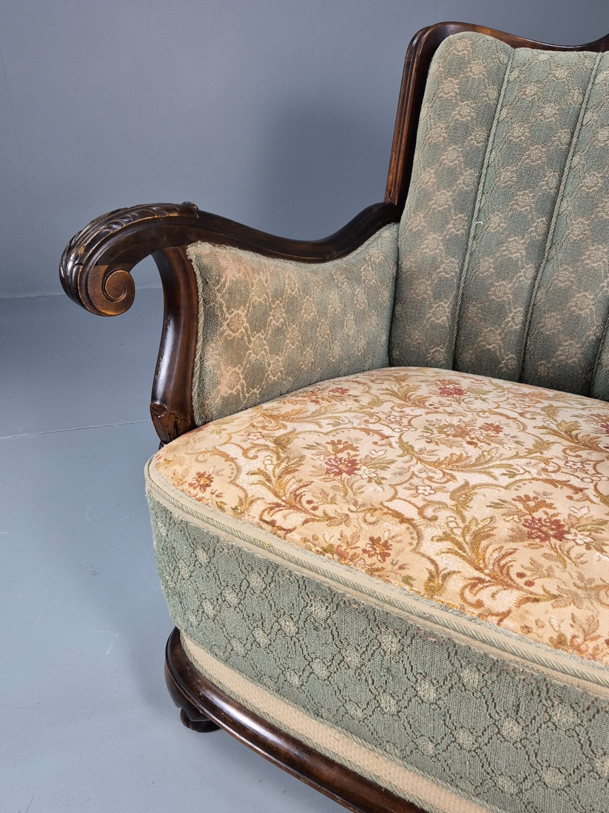 Antique Mahogany Shell Back Cream And Green Armchair Floral Pattern EB9531 VCLO - UKDK FURNITURE