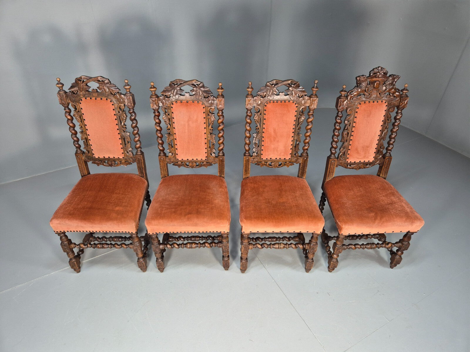 4 Vintage Antique Oak Dining Chairs Barley Twist Baroque 1900s EB9220 VCAR - UKDK FURNITURE
