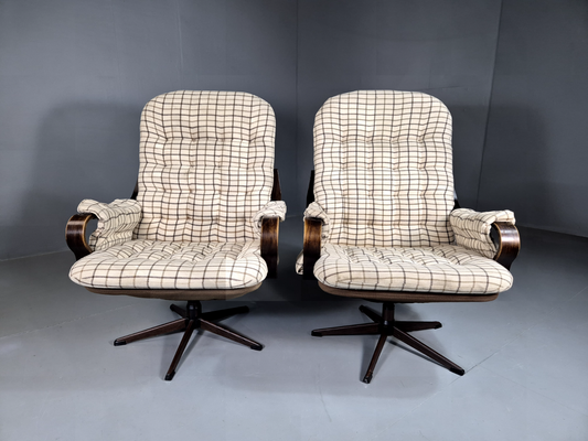 2 Vintage Swivel Chairs Cream Checkered Wool Bentwood Retro MCM EB7192 MBEN - UKDK FURNITURE