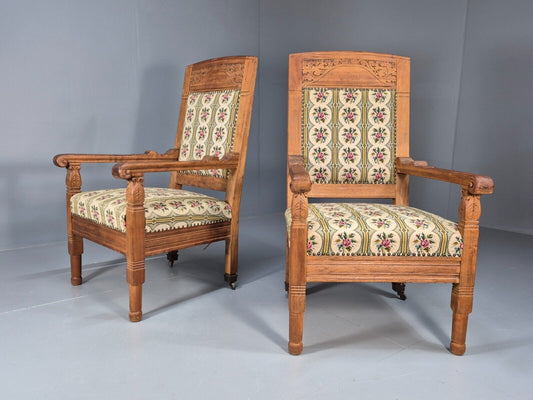 2 Vintage Danish Lounge Chairs Floral Embroidery Oak Frame Antique EB8916 VCAR - UKDK FURNITURE