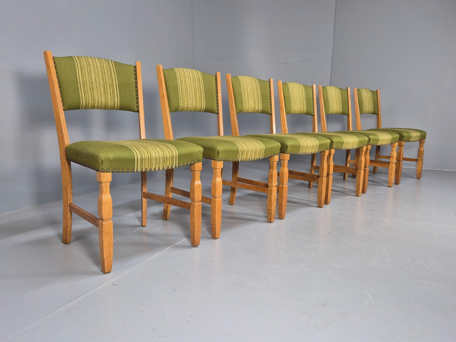 6 Kjaenulf Oak Danish Dinning Chairs Green Stripe Upholstery 1970s EB9536 MDIN - UKDK FURNITURE