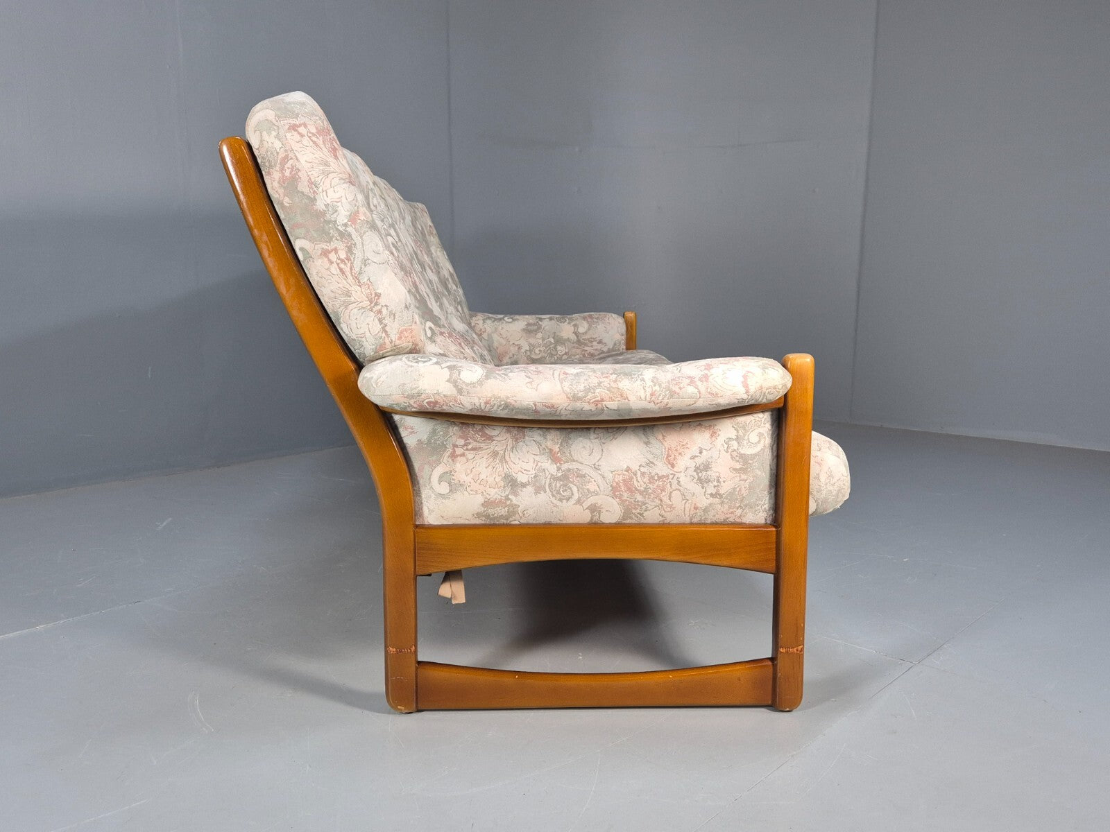 Vintage 1970s Wood Frame 3 Seat Sofa Floral Cotton Upholstery Retro EB9474 M3SS - UKDK FURNITURE