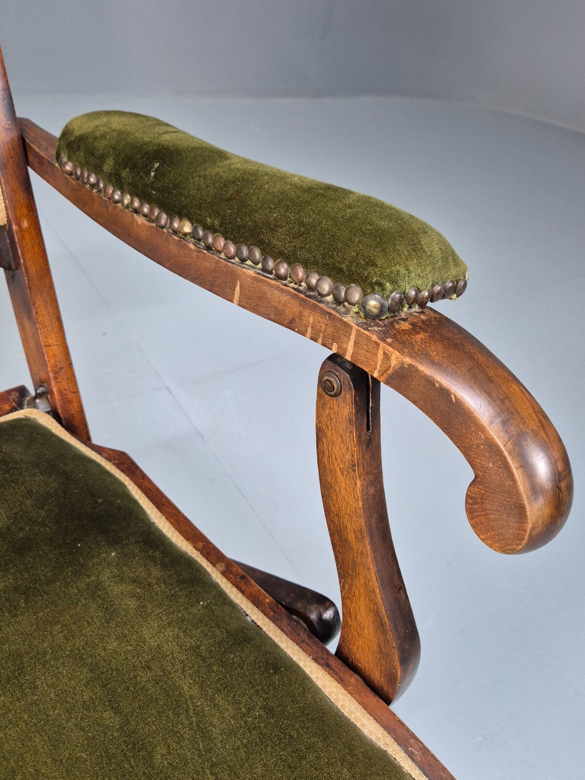 Antique Campaign Chair in Green Velour and Mahogany Victorian EB9696 VCLO - UKDK FURNITURE