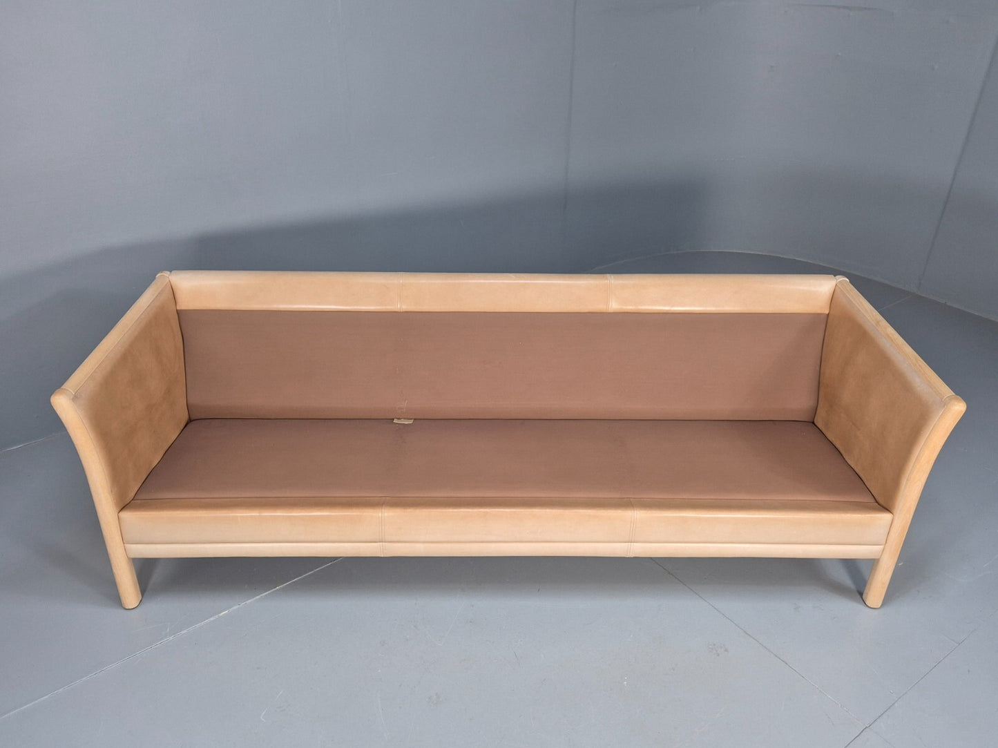 Vintage danish Tan Leather 3 Seat Sofa Wooden Ends Mogens Hansen MCM EB9083 M3SS - UKDK FURNITURE