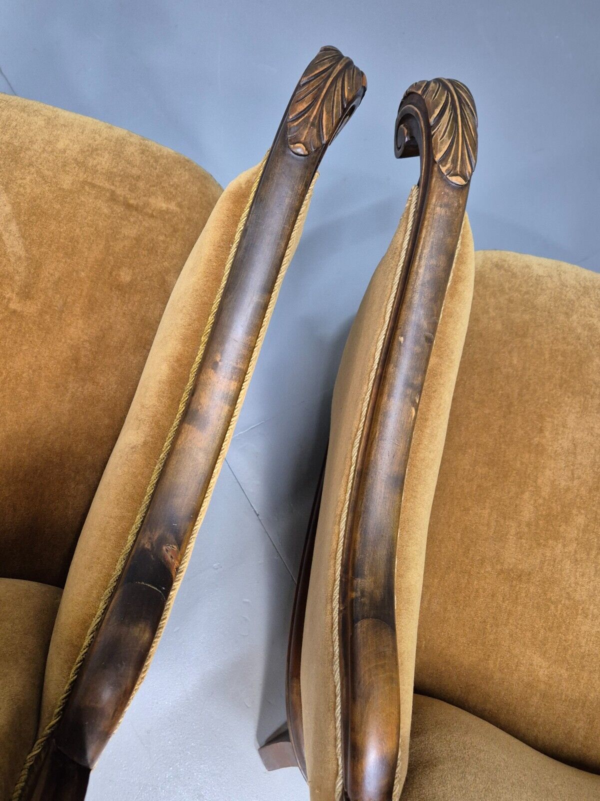 2 Vintage Danish Antique Chairs Gold Velour 1930s Carved Wood EB8969 VCLO - UKDK FURNITURE