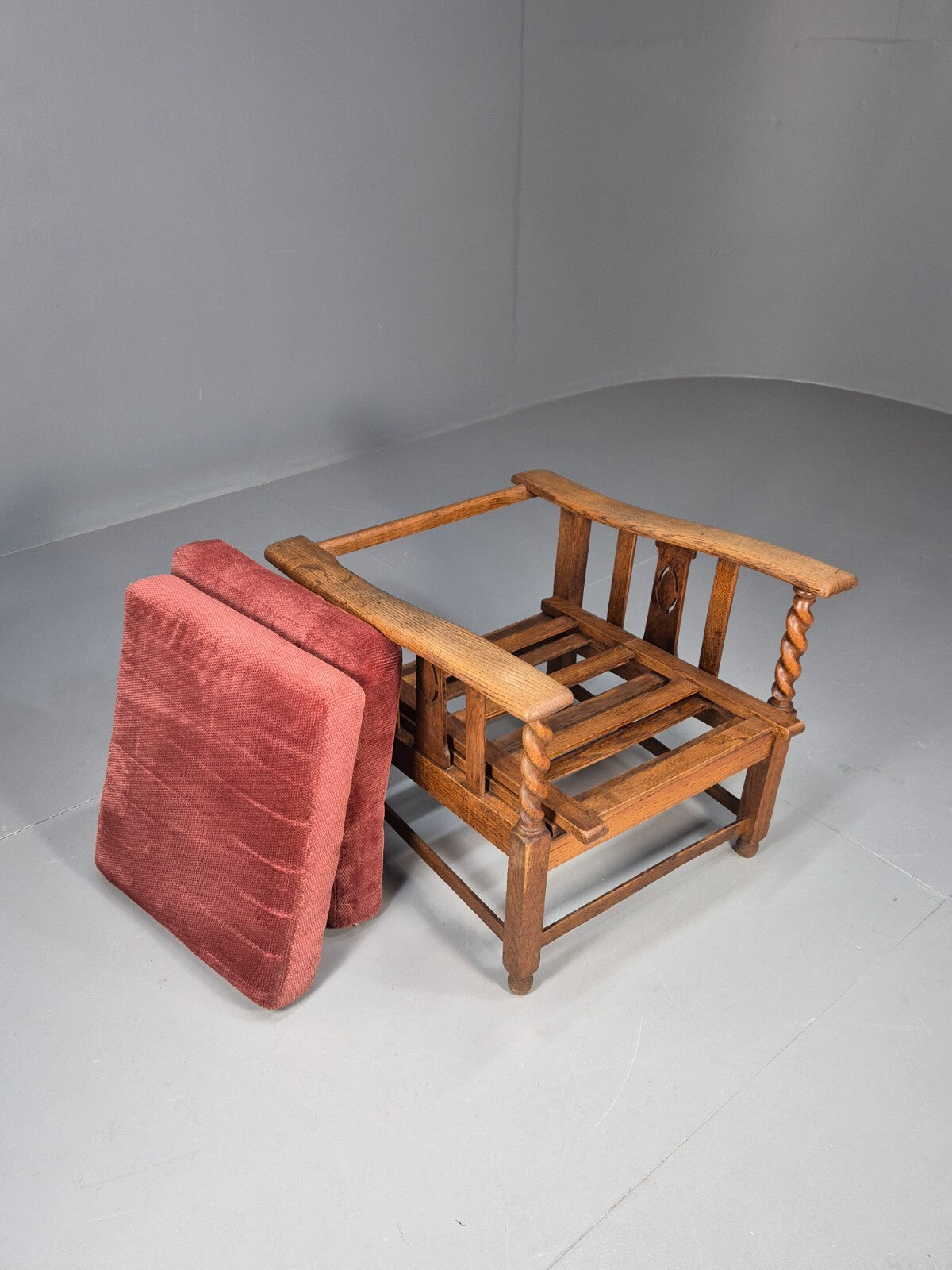 Vintage Antique Oak Reading Chair Deep Red Upholstery 1930s RedEB9457 VCLO - UKDK FURNITURE