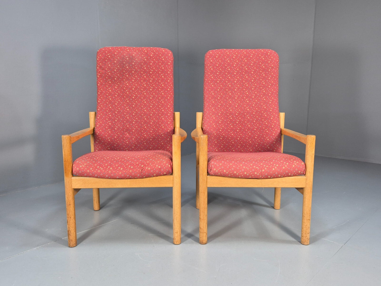 2 Vintage Danish High Back Armchairs Pink and Grey Oak Frame MCM EB9370 MNOR - UKDK FURNITURE
