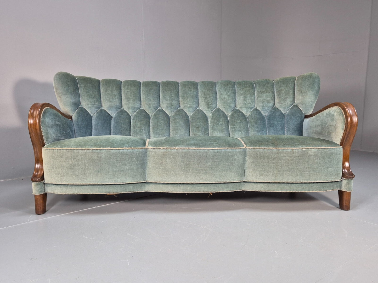 Vintage Danish Art Deco Sofa Blue Velvet Velour Oak Frame Shell Back EB9591 V3SS - UKDK FURNITURE