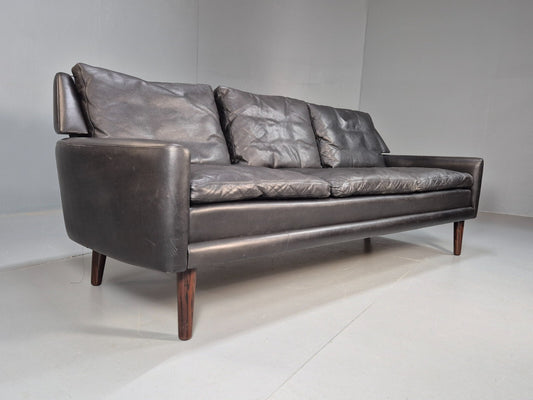 Vintage Danish 3 Seat Sofa 1960s Black Leather Turned Teak Legs MCM EB9075 M3SS - UKDK FURNITURE