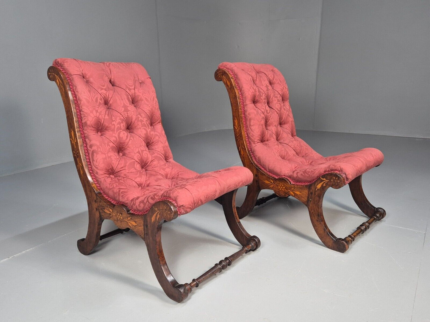 2 Vintage Slipper Chairs Pink Cotton Rosewood Inlay Antique EB8874 VCLO - UKDK FURNITURE