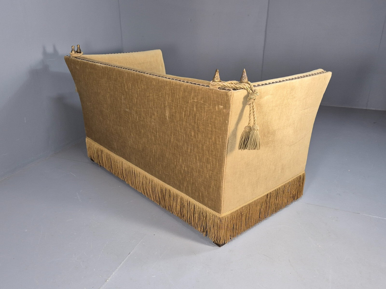 Vintage Two Seater Sofa Green Velour Studded Tassels Danish Design EB9549 V2SS - UKDK FURNITURE