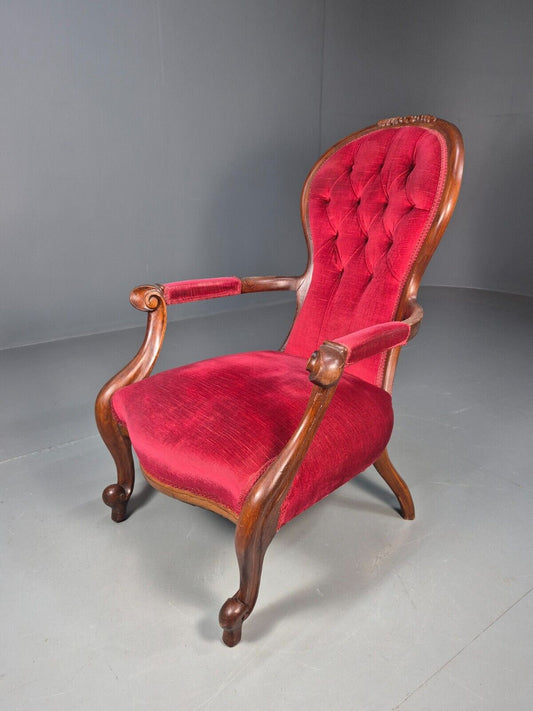 Vintage Fauteuil Chair Red Buttoned Velour Mahogany Antique 1900s EB8440 VCAR - UKDK FURNITURE