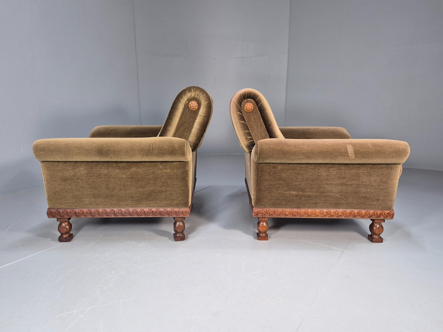 2 Vintage Danish Green Velour Armchairs Oak trim 1970 Quality Retro EB9027 VCLO - UKDK FURNITURE