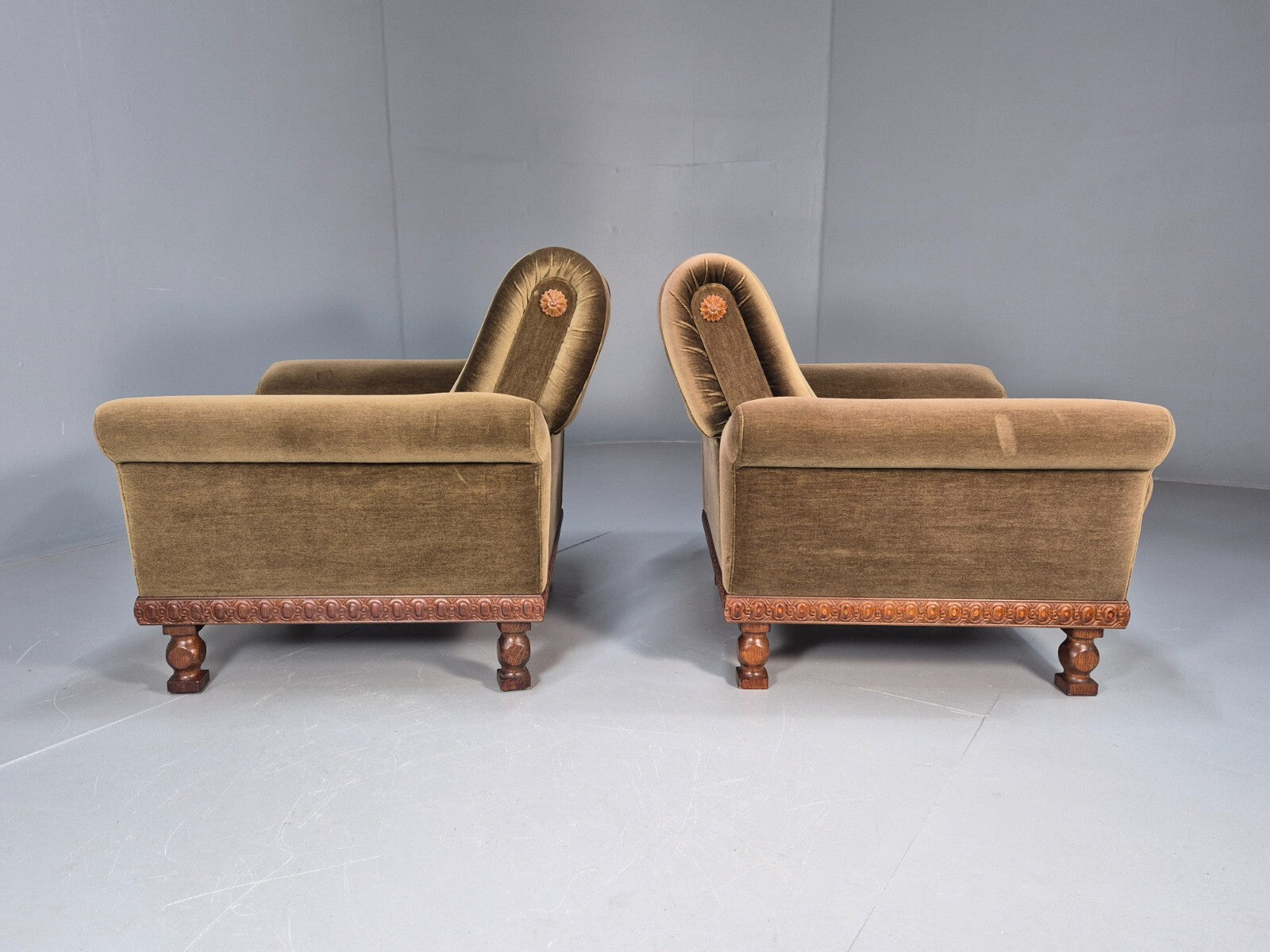 2 Vintage Danish Green Velour Armchairs Oak trim 1970 Quality Retro EB9027 VCLO - UKDK FURNITURE
