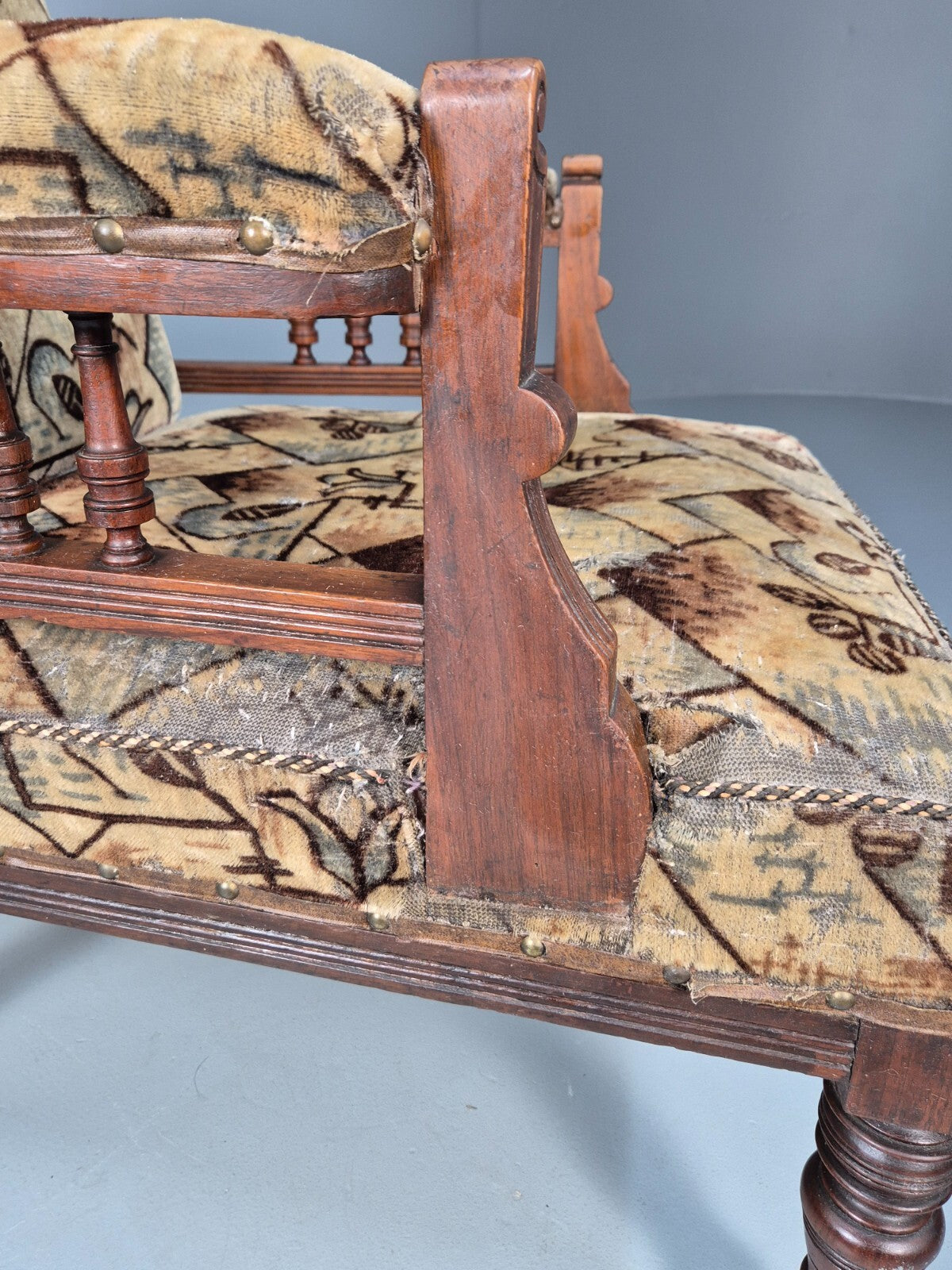 Antique Mahogany Library Chair Beige Geometric Fabric Edwardian EB9703 VCAR - UKDK FURNITURE