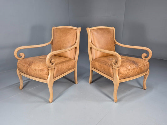 2 Vintage Lounge Chairs Tan Leather Cream Wood Frame Antique Style EB9028 VLEA - UKDK FURNITURE