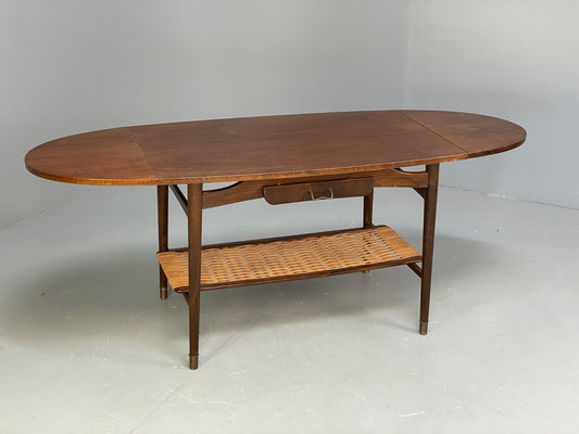 Vintage Walnut Extending Coffee Table Rattan Shelf Drawers 1950s EB9441 MWOO - UKDK FURNITURE