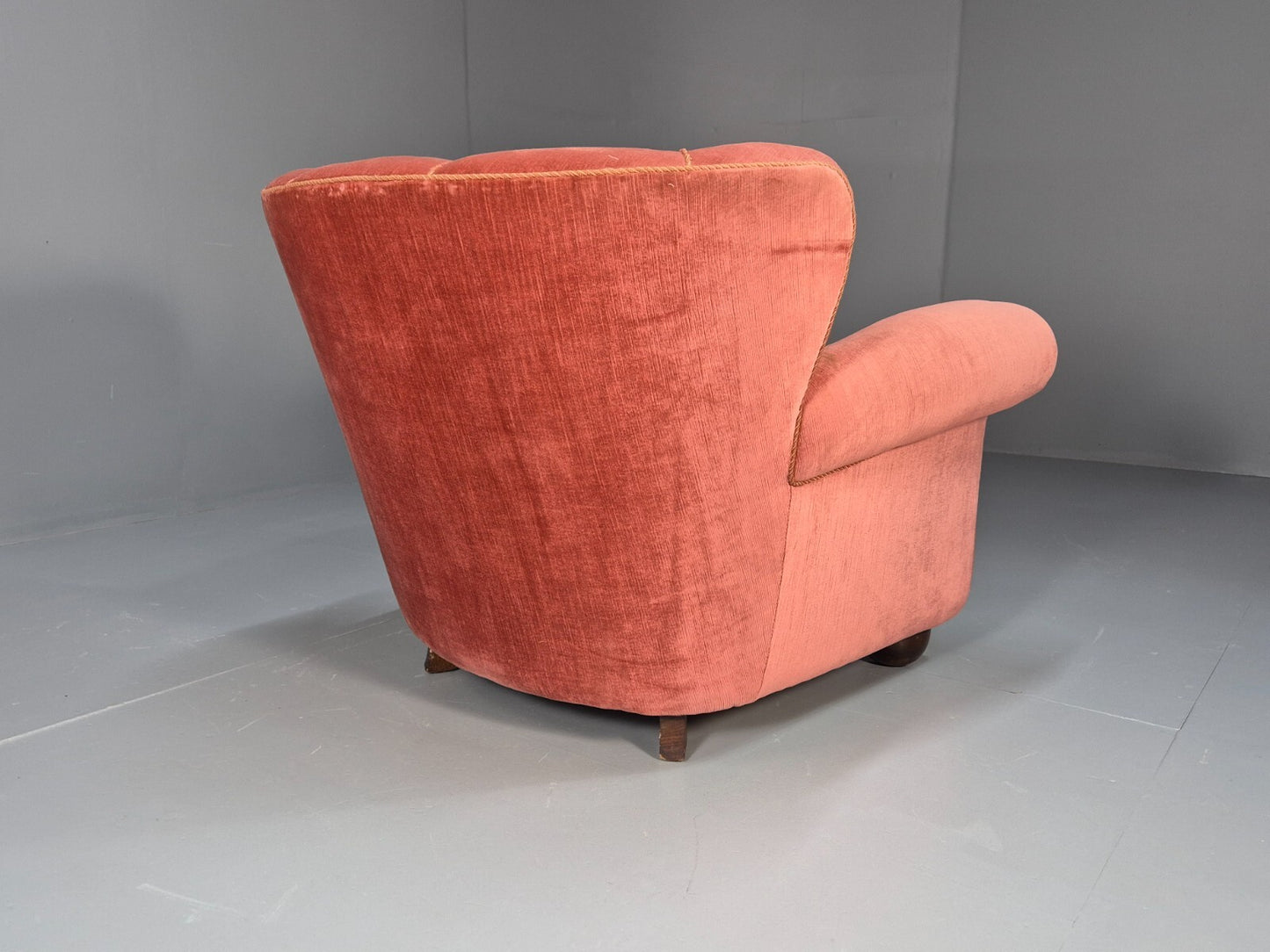 Vintage Danish Art Deco shell back Lounge Chair Pink Velour Bun Feet EB9556 MNOR - UKDK FURNITURE