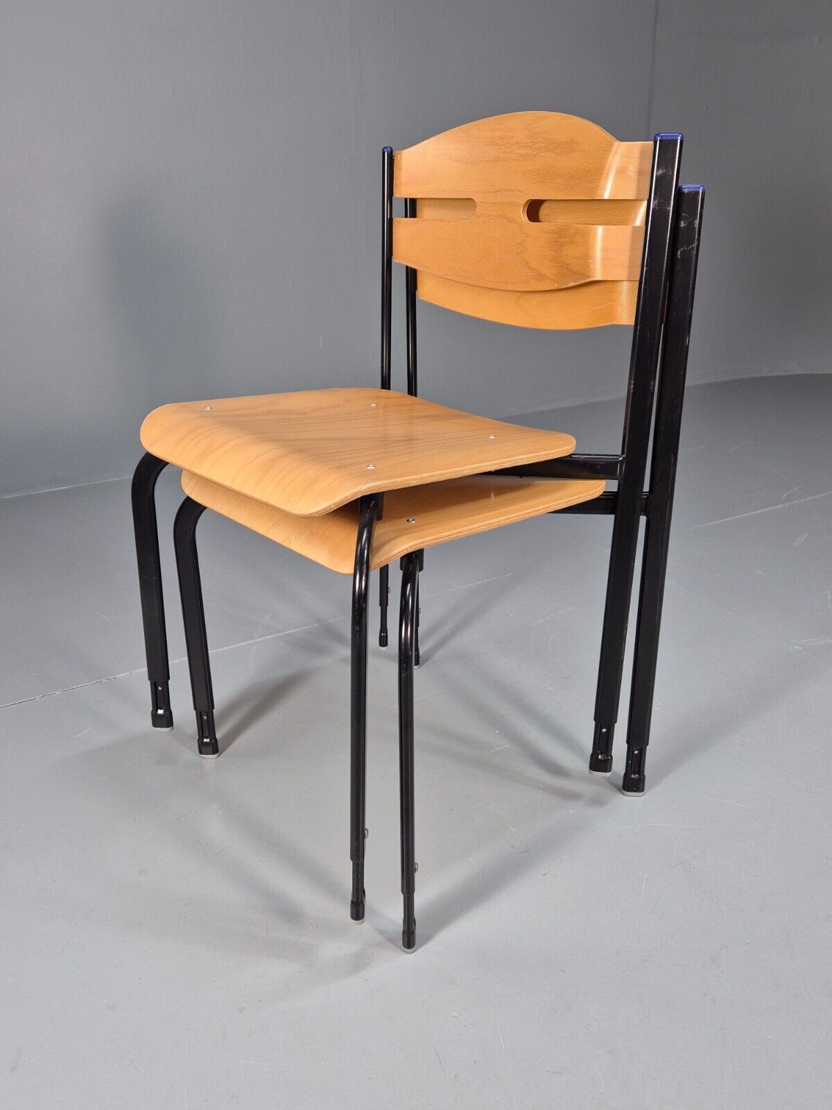 2 Vintage Danish Stacking Chairs Bent Ply Black Metal SIS 1980 Retro EB9098 MSTA - UKDK FURNITURE