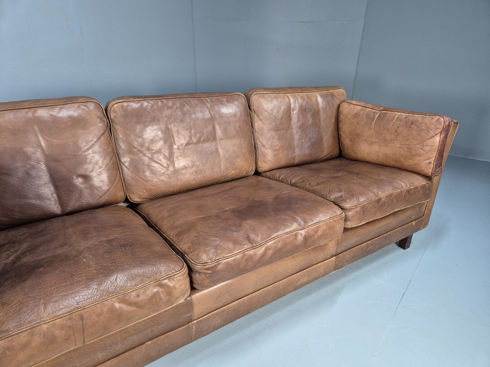 Mid Century 3 Seater Leather Sofa Danish Tan Leather  1970s Retro EB10102 M3SS2