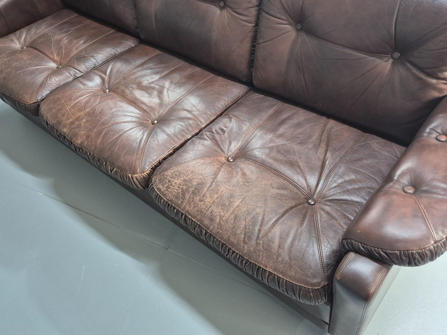 1970s Three Seat Retro Sofa Danish Brown Leather Vintage EB10687 V3SS19