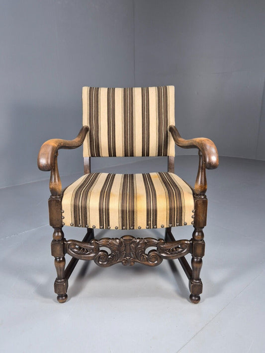 Vintage Danish Baroque Style Elbow Chair Striped Wool Upholstery EB8980 VCAR - UKDK FURNITURE