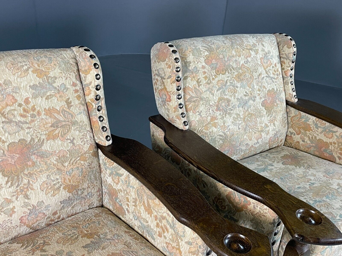 2 Vintage Danish Lounge Chairs Floral Cotton Oak Frame Retro EB6690 MNOR - UKDK FURNITURE