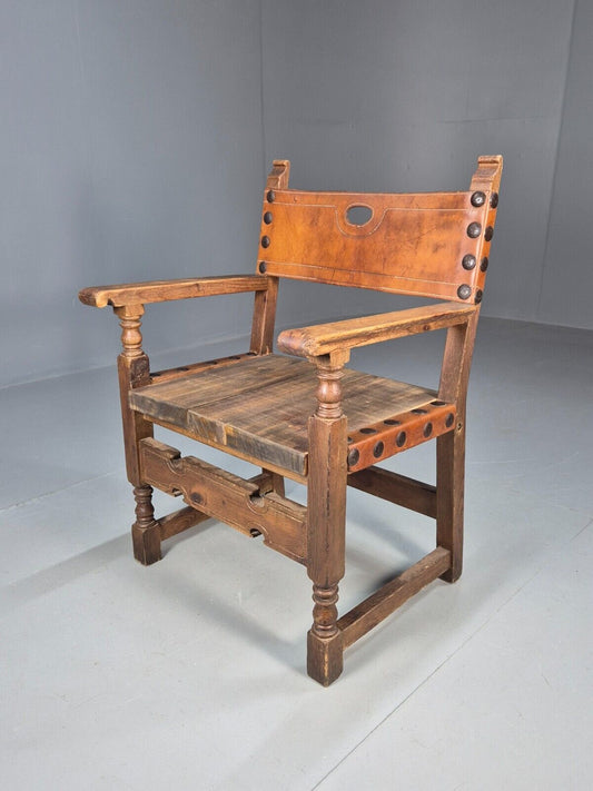 Vintage Lounge Chair Leather Carved Wood Spanish Style Antique EB8175 VCAR - UKDK FURNITURE