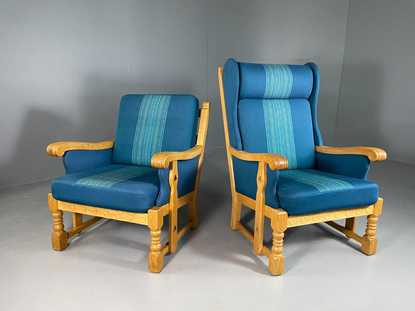 2 Vintage Danish Lounge Chairs Blue Oak Kjaernulf Retro EB6718 MNOR - UKDK FURNITURE