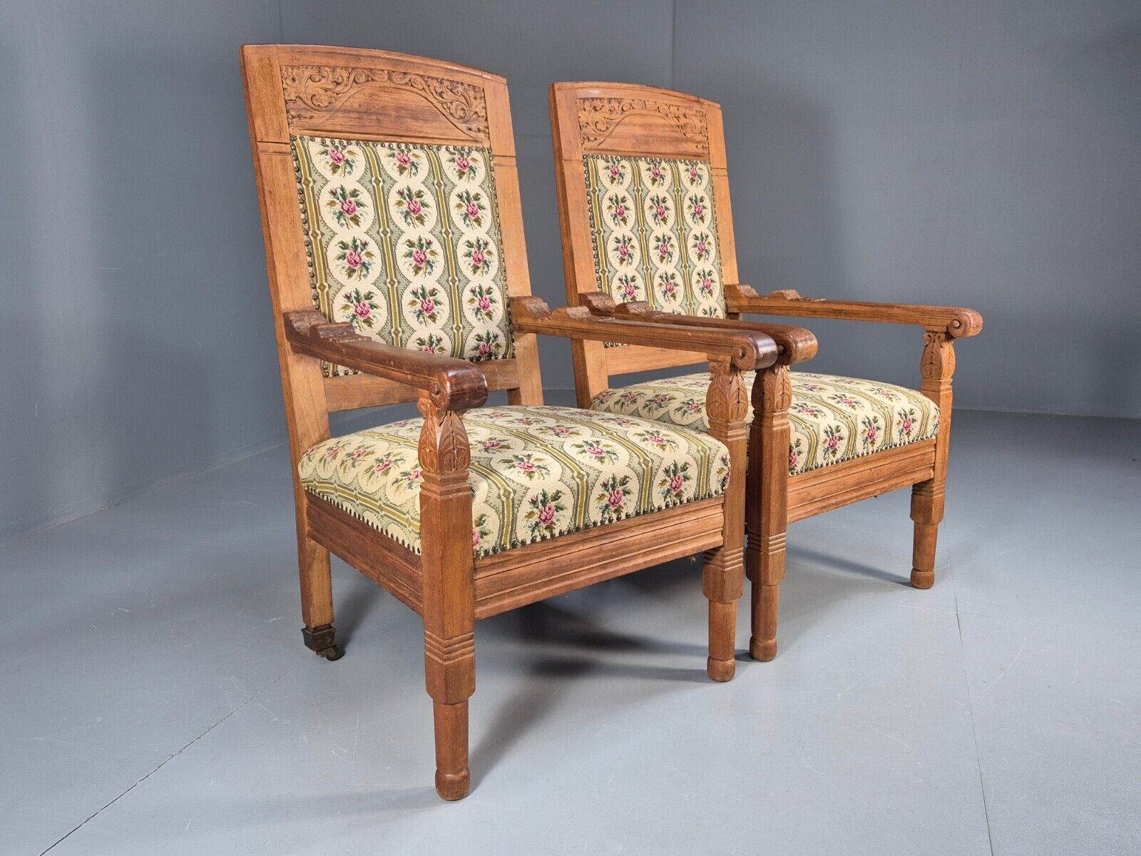 2 Vintage Danish Lounge Chairs Floral Embroidery Oak Frame Antique EB8916 VCAR - UKDK FURNITURE