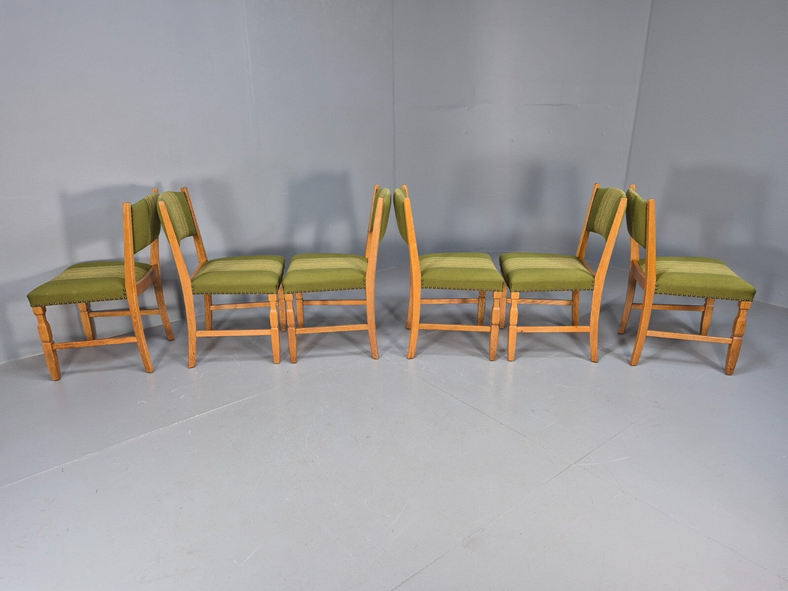 6 Kjaenulf Oak Danish Dinning Chairs Green Stripe Upholstery 1970s EB9536 MDIN - UKDK FURNITURE