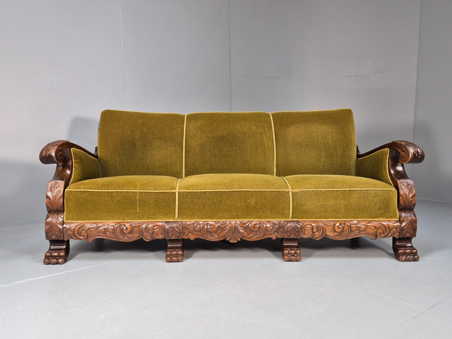 Vintage Danish Baroque Style 3 Seat Settee Green Velour Antique 1920 EB9653 V3SS - UKDK FURNITURE