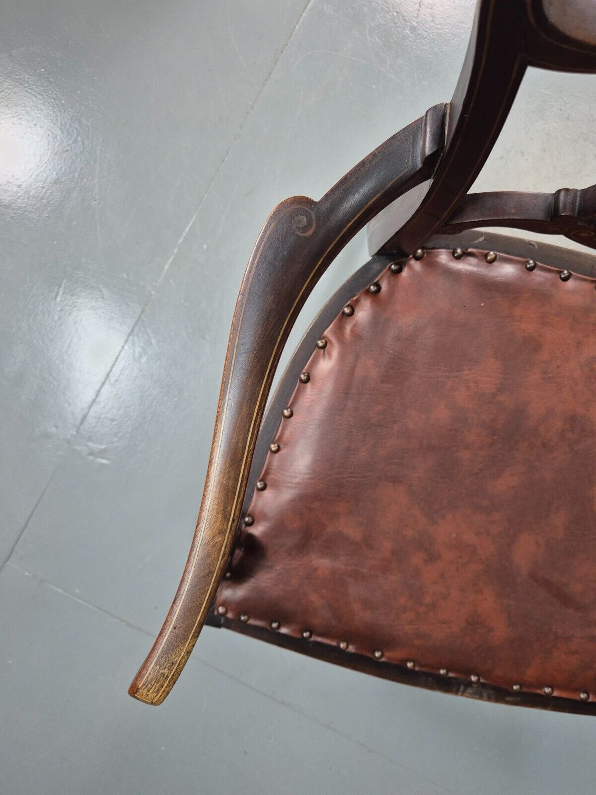 Vintage Elbow Carver Chair Vinyl Mahogany Inlay Antique EB7798 VCAR - UKDK FURNITURE