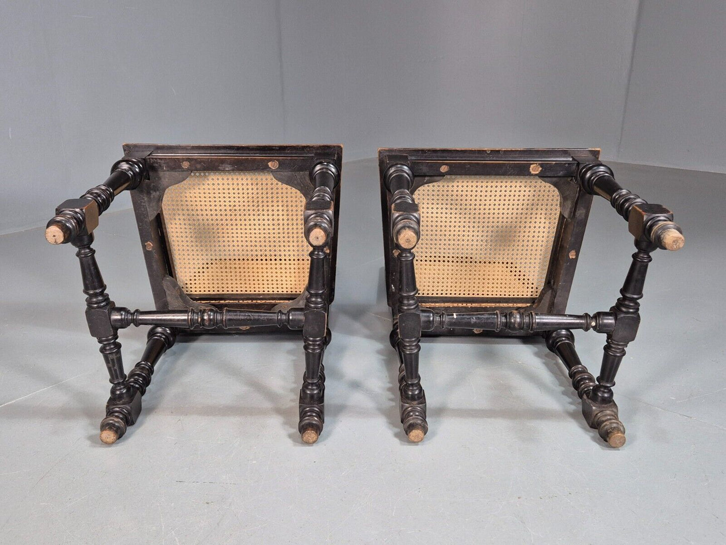 2 Vintage Dining Chairs Bergere Ebonised Aesthetic Movement Antique EB7975 VBER - UKDK FURNITURE