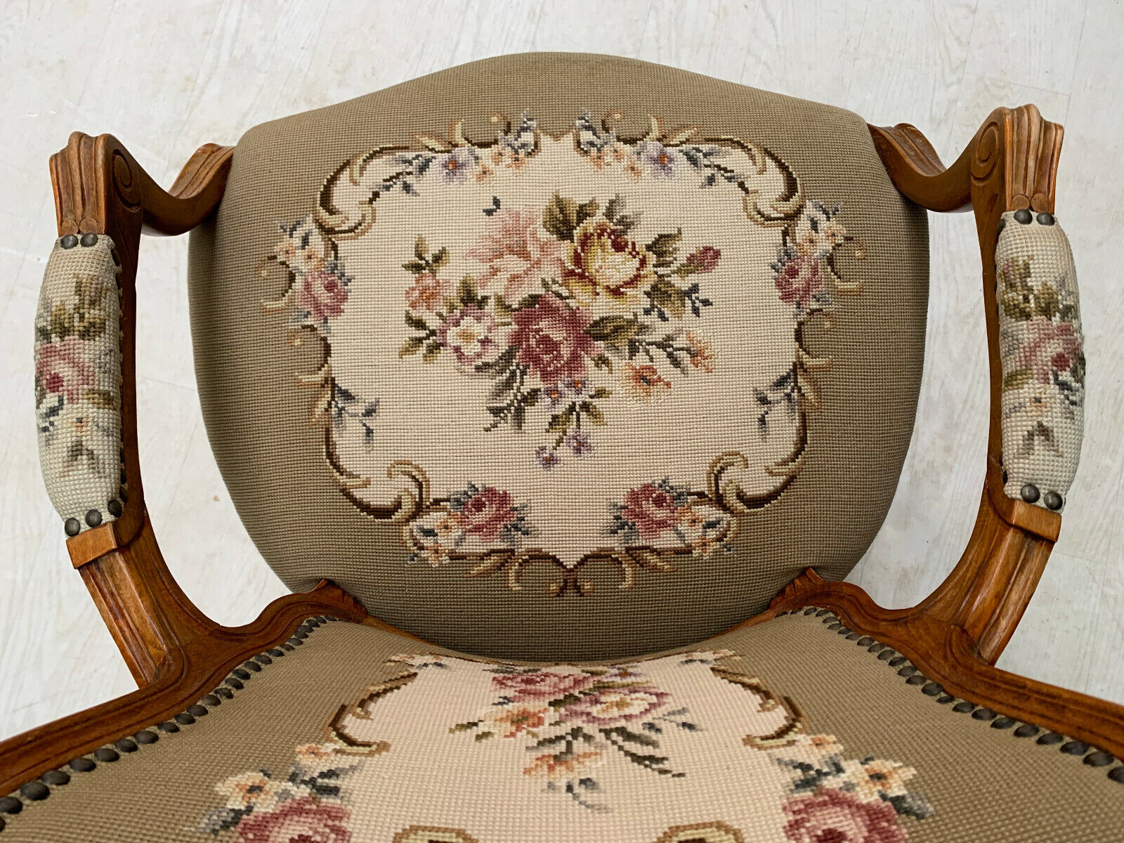 Danish Carved Beech & Beige Floral Wool Arm Chair Vintage Lounge EB2515 VCAR - UKDK FURNITURE