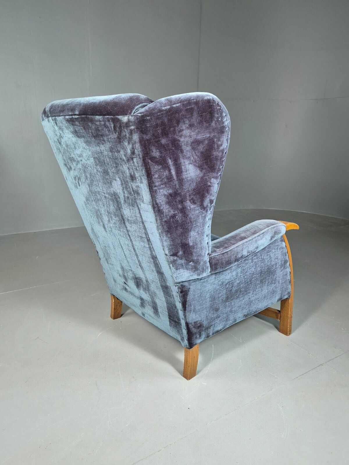 Vintage Lounge Wingback Chair Blue Velour Beech Frame 1950 Retro MCM EB7108 VCLO - UKDK FURNITURE