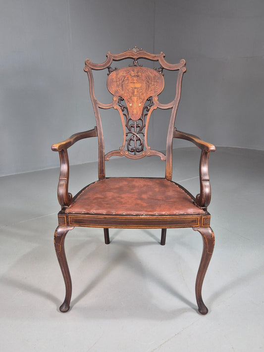 Vintage Elbow Carver Chair Vinyl Mahogany Inlay Antique EB7798 VCAR - UKDK FURNITURE