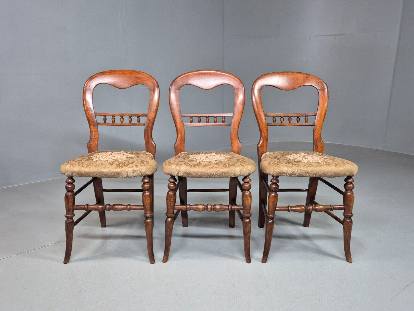 3 Vintage Dining Chairs Floral Seats Walnut Frame Balloon Victorian EB8182 VDIN - UKDK FURNITURE