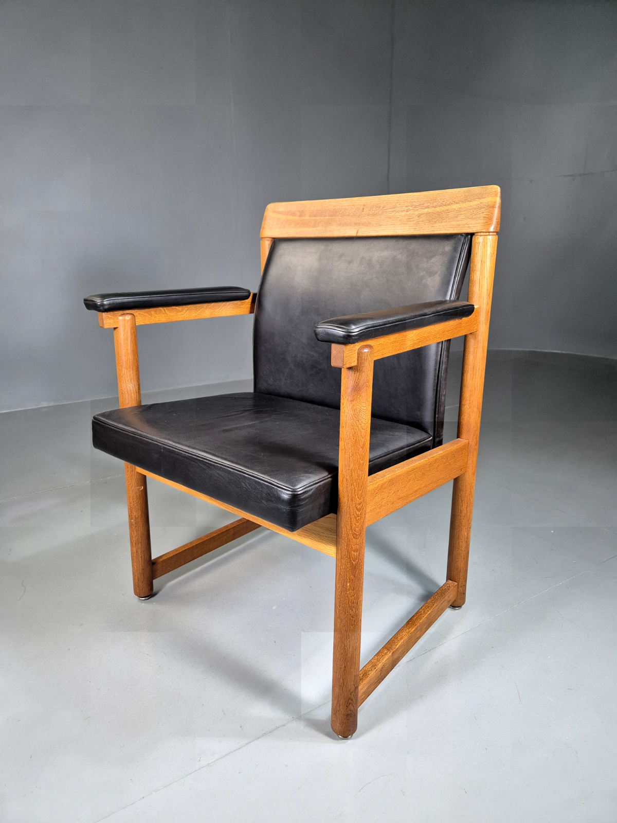 Vintage Swedish Armchair Black Leather Oak Frame Retro MCM EB7001 MNOR - UKDK FURNITURE