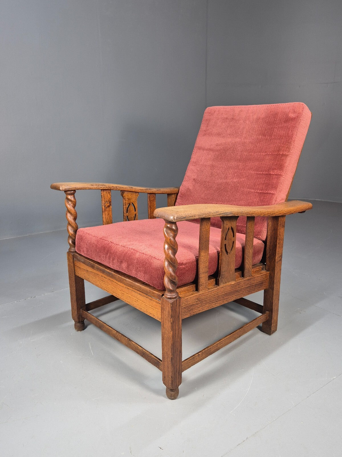 Vintage Antique Oak Reading Chair Deep Red Upholstery 1930s RedEB9457 VCLO - UKDK FURNITURE
