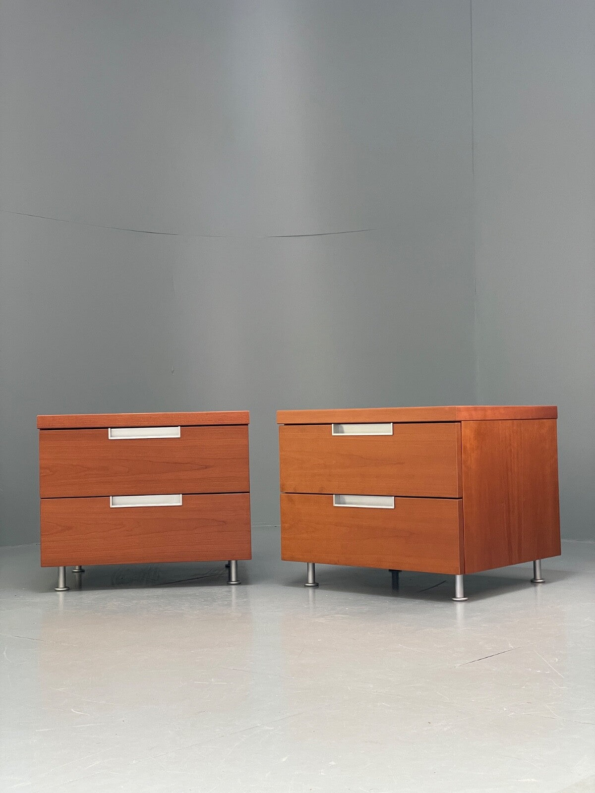 Vintage Pair Bedside Tables Cherry Wood Aluminium 1980s Drawers EB9819 MWOO - UKDK FURNITURE