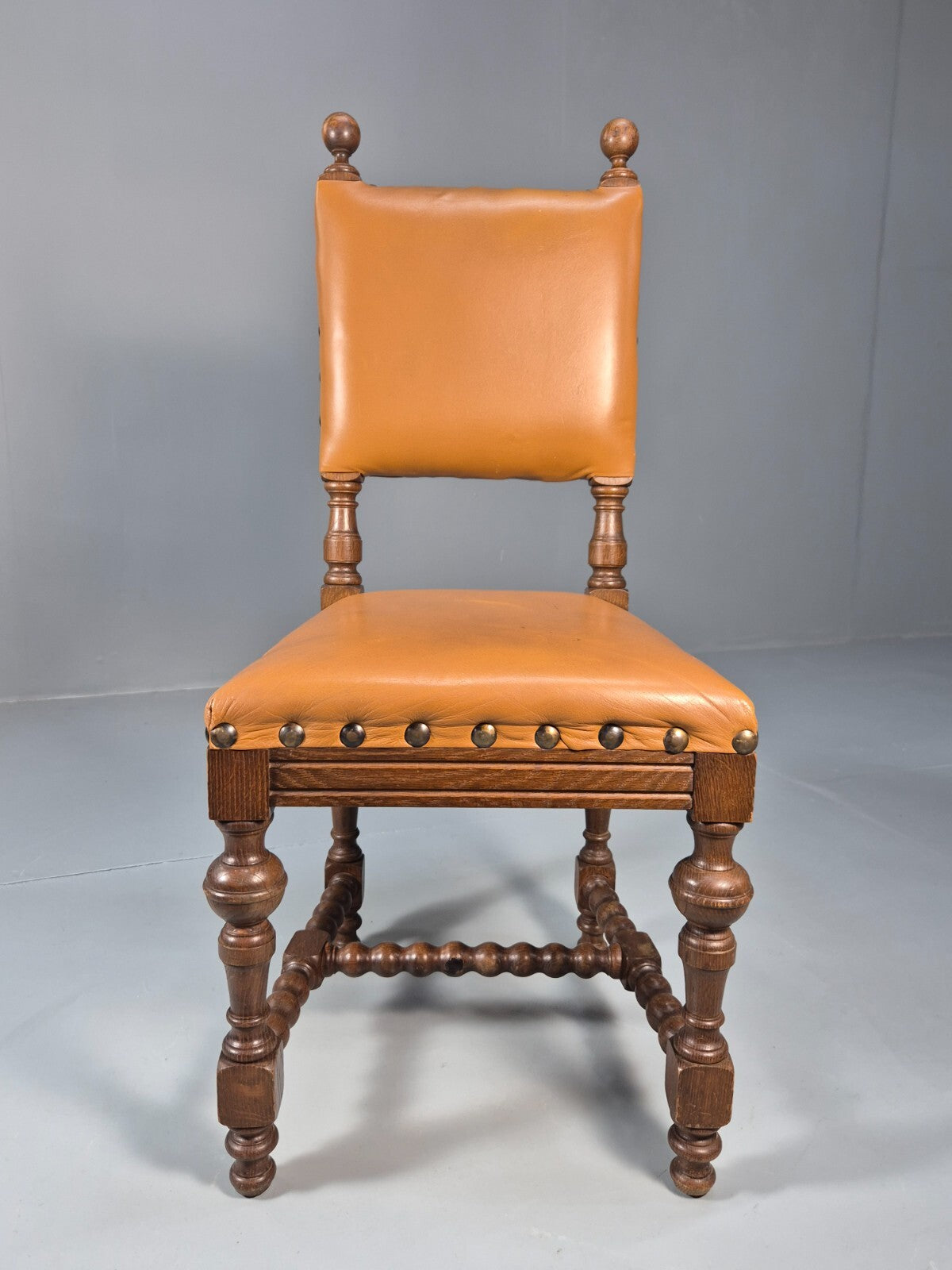 6 Vintage Danish Baroque Style Dining Chairs Oak and Tan Leather EB9649 VDIN - UKDK FURNITURE