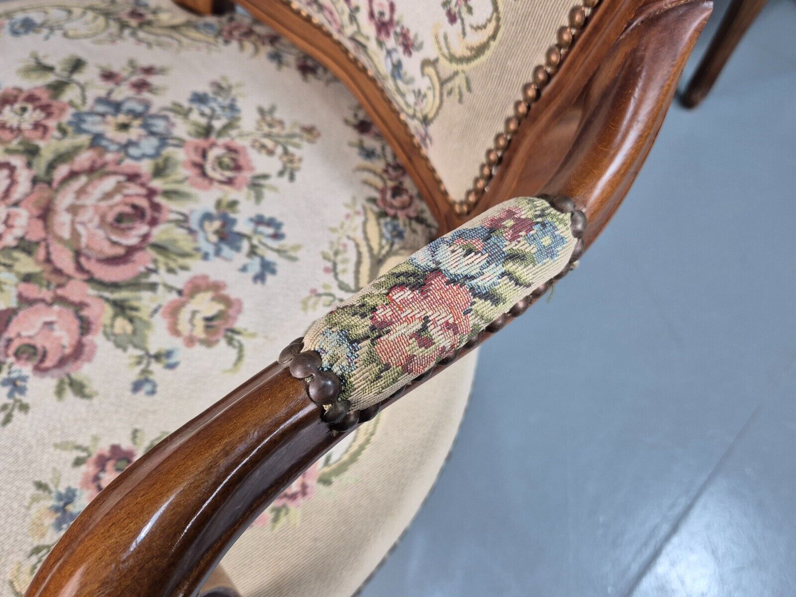2 Vintage Danish Lounge Chairs Fauteuil Floral Tapestry French Repro EB8077 VCAR - UKDK FURNITURE