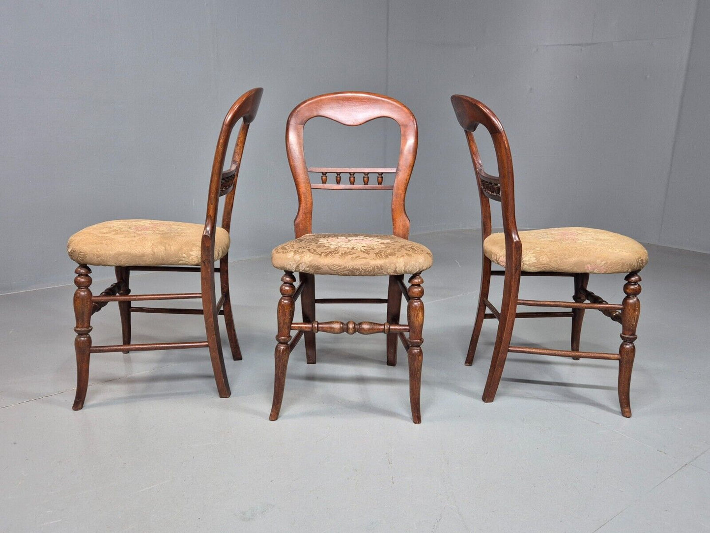 3 Vintage Dining Chairs Floral Seats Walnut Frame Balloon Victorian EB8182 VDIN - UKDK FURNITURE