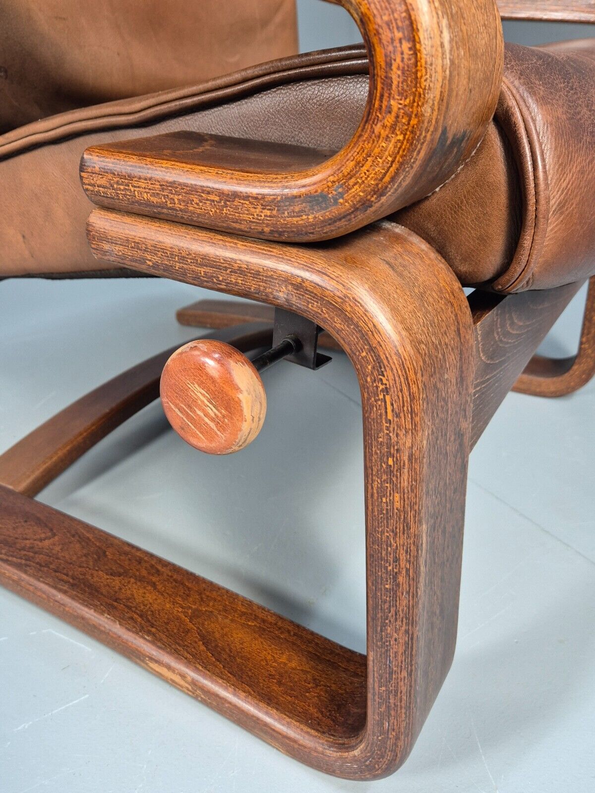 Vintage Danish Lounge Chair Brown Leather Bentwood Reclines Retro EB8783 MBEN - UKDK FURNITURE