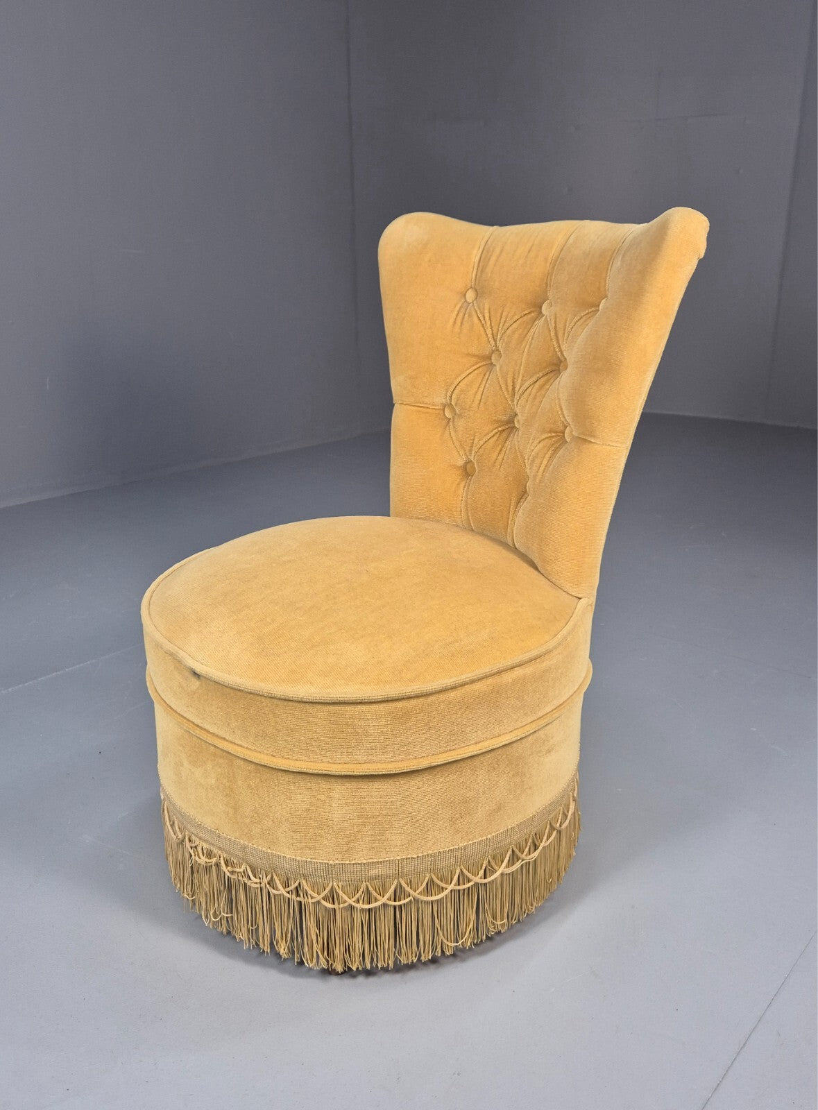 Vintage Yellow Velour Nursing Chair Button Back Tassels Retro EB9700 VCLO - UKDK FURNITURE