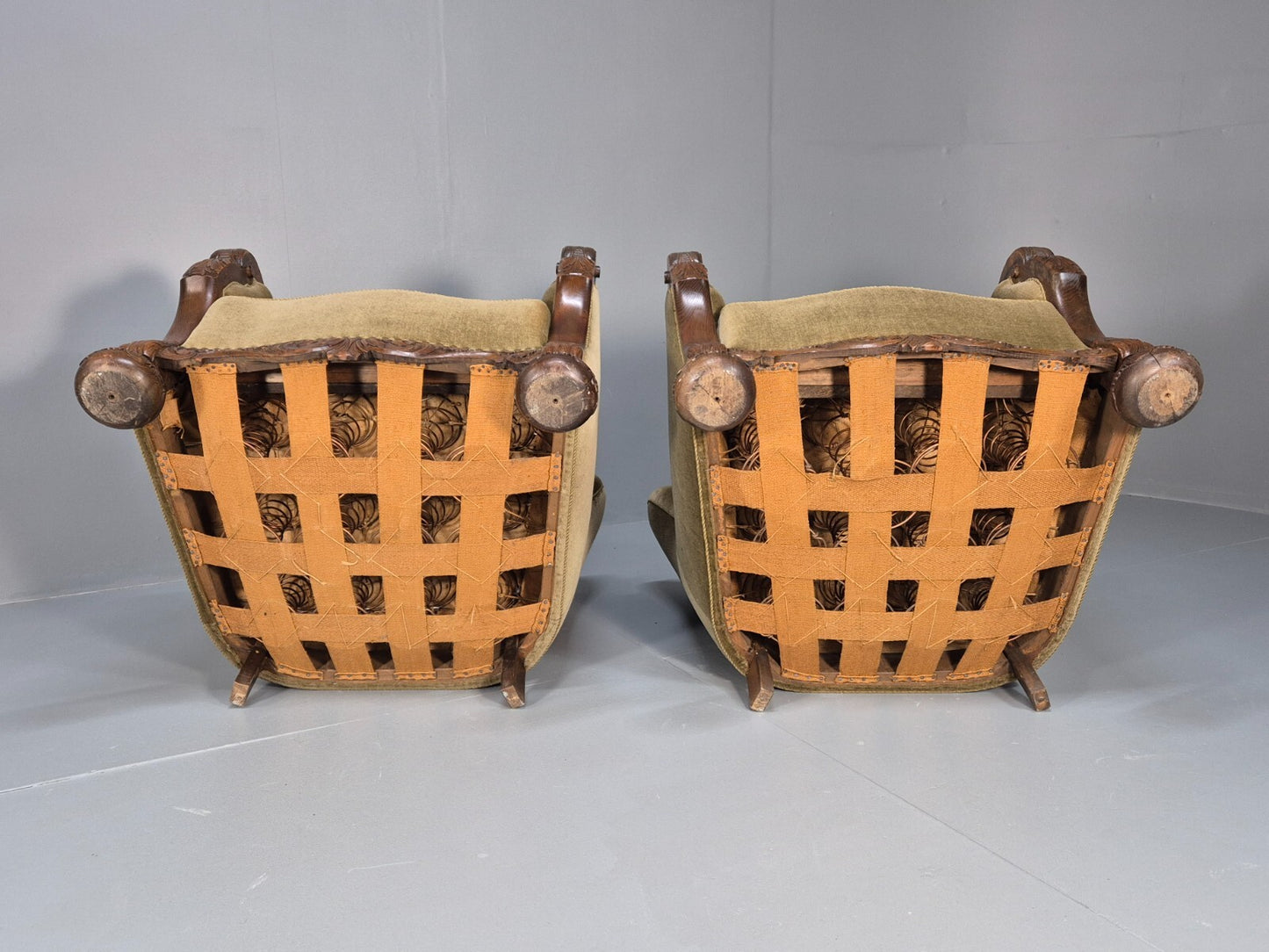 2 Antique Carved oak Danish Lounge Chairs Mink Velour Fan Back 1930s EB9557 VCLO - UKDK FURNITURE